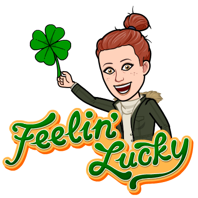 A Cartoon of a lady holding a four leaf clover with the words feeling lucky 
